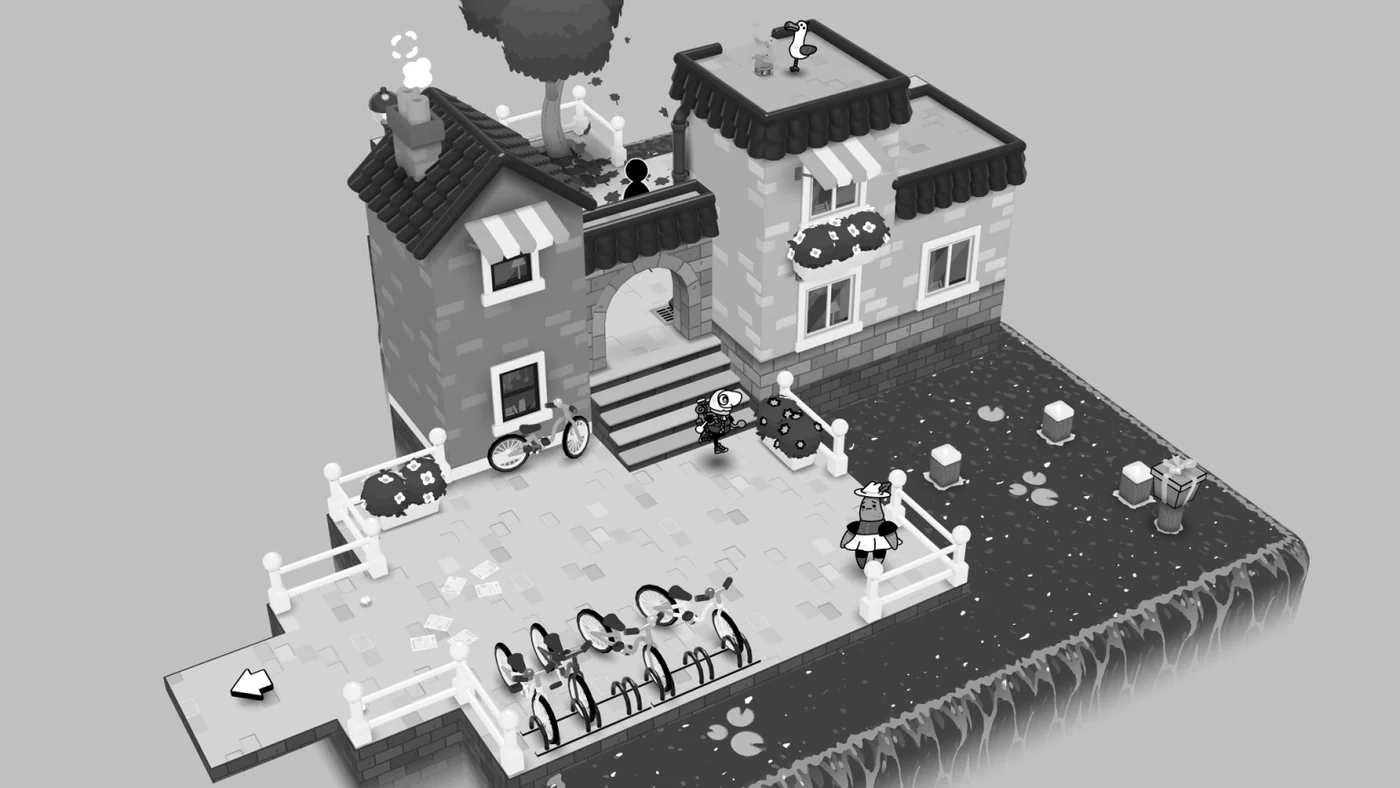 TOEM 2 monochrome town scene representing Deltburg